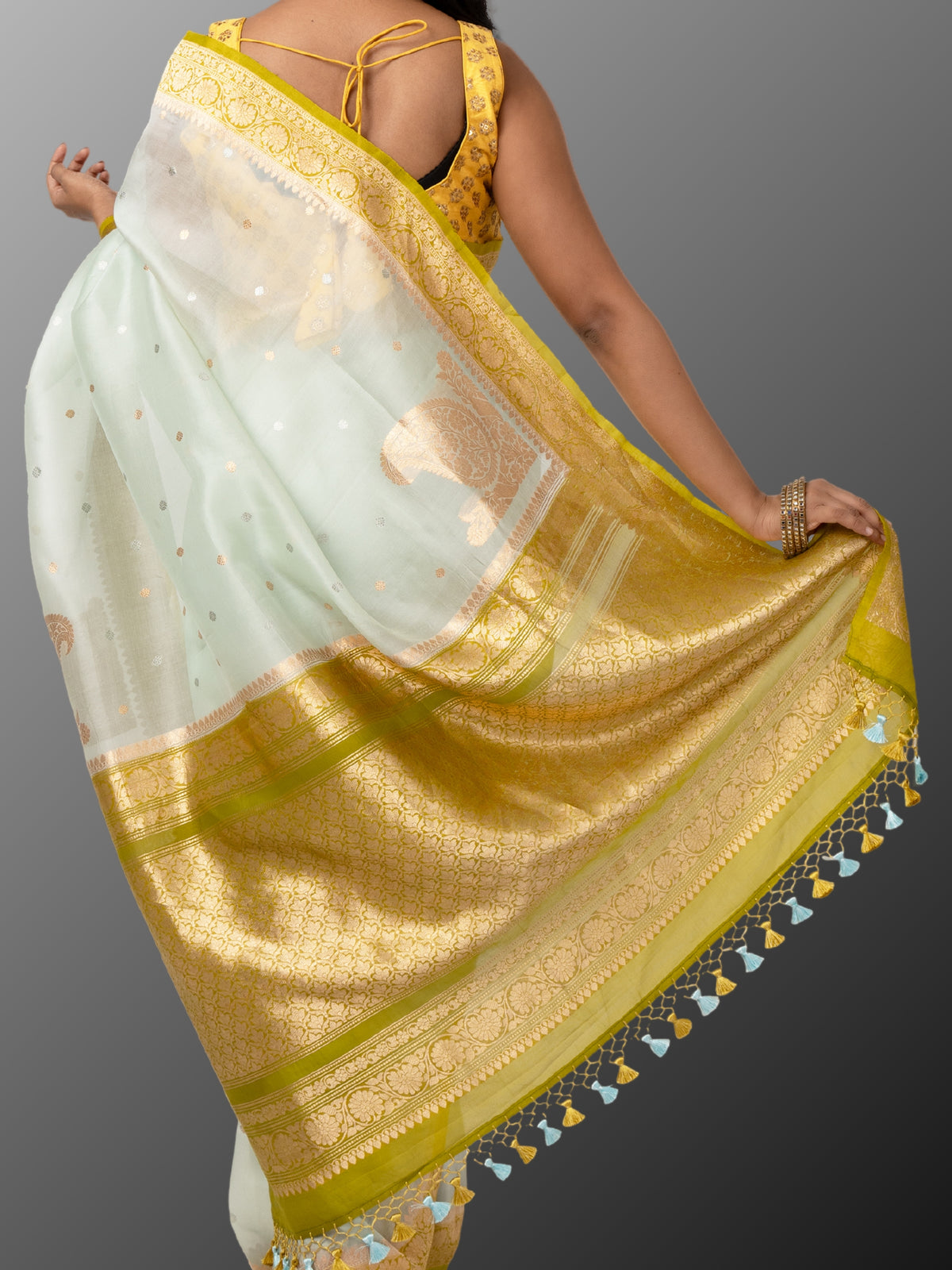 Banarasi Kora Organza silk mark certified saree with lace - Green Blue