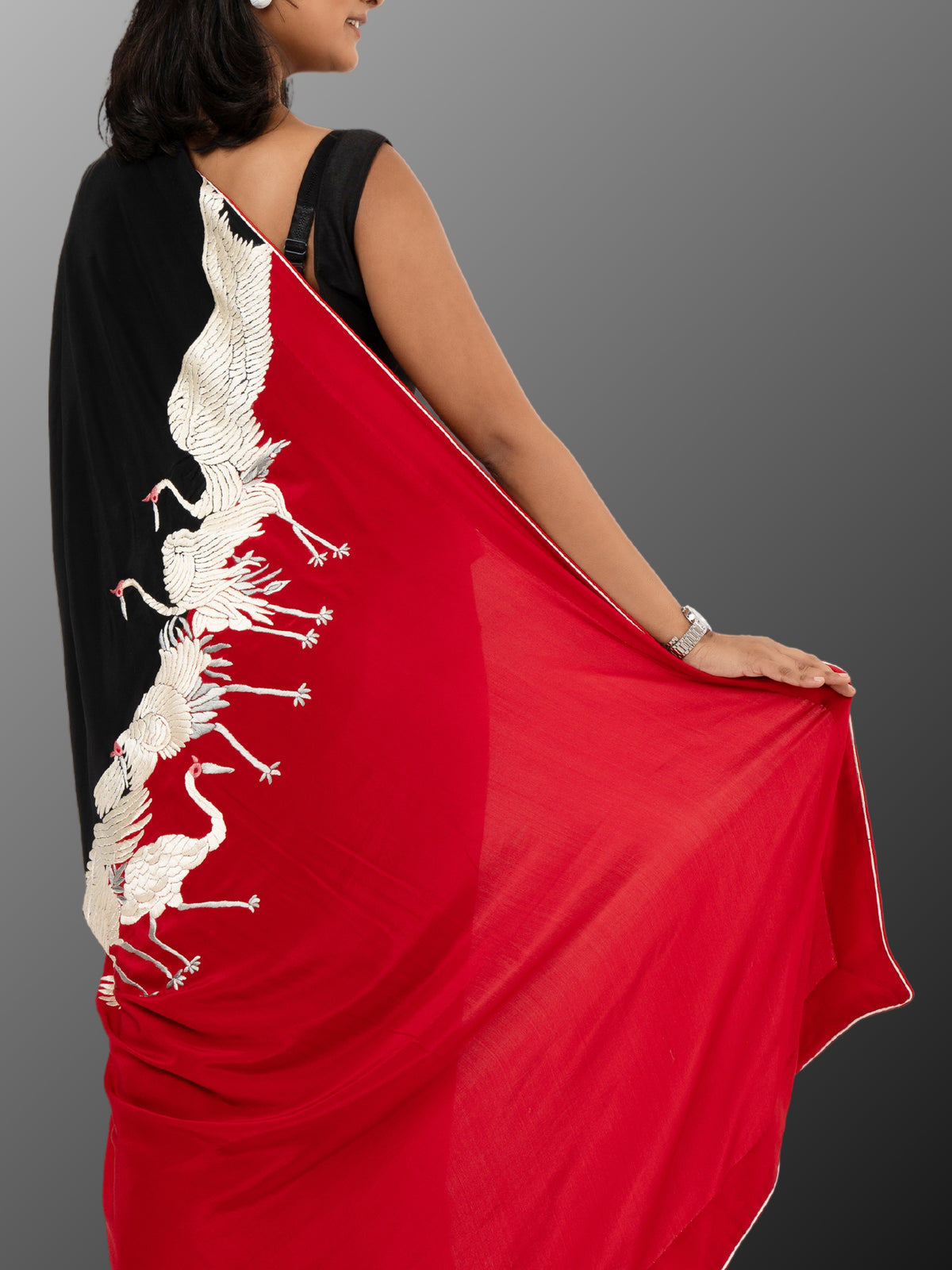 Hand Parsi Gara Embroidery on pure crepe silk - Black Red