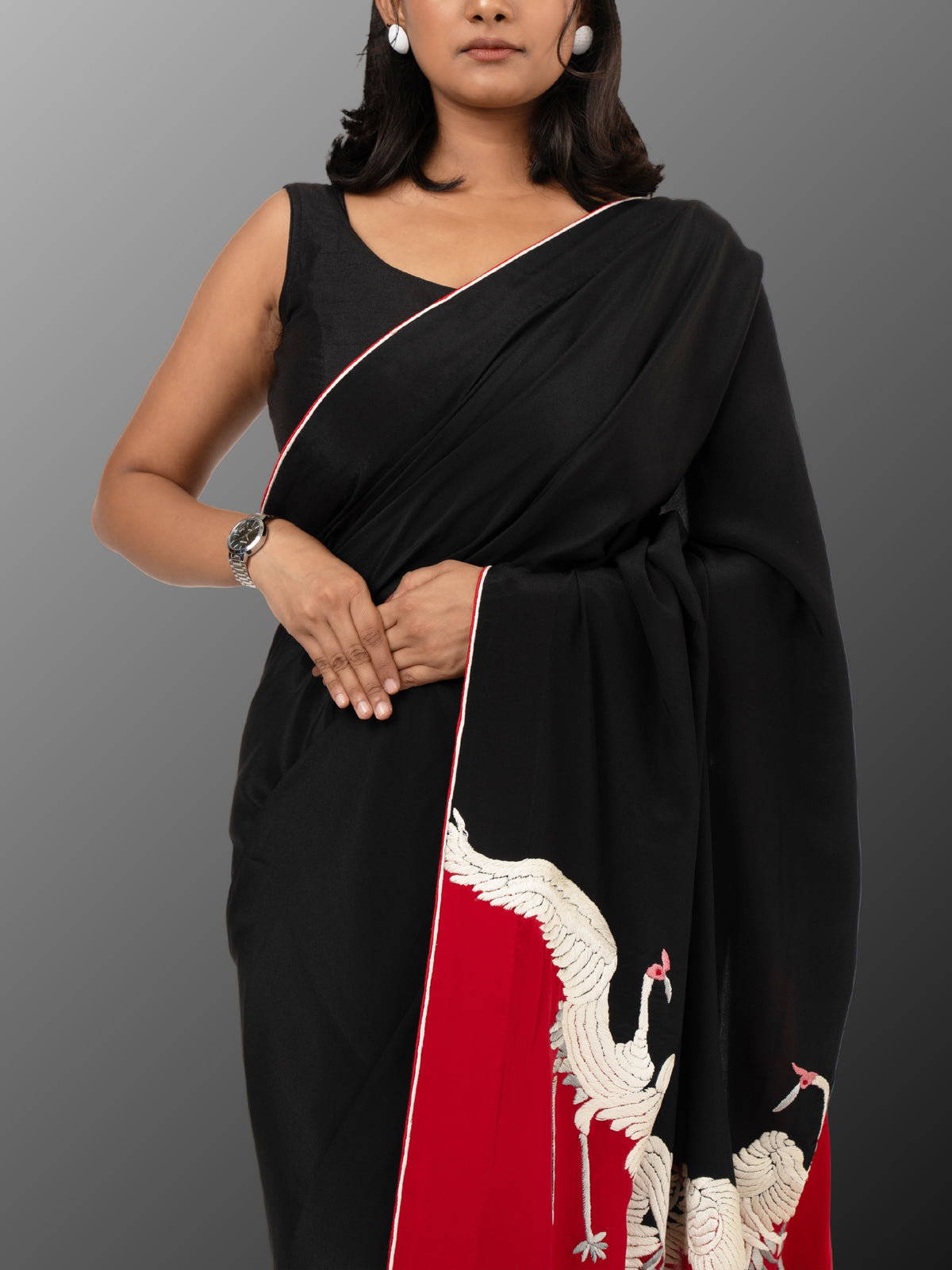 Hand Parsi Gara Embroidery on pure crepe silk - Black Red