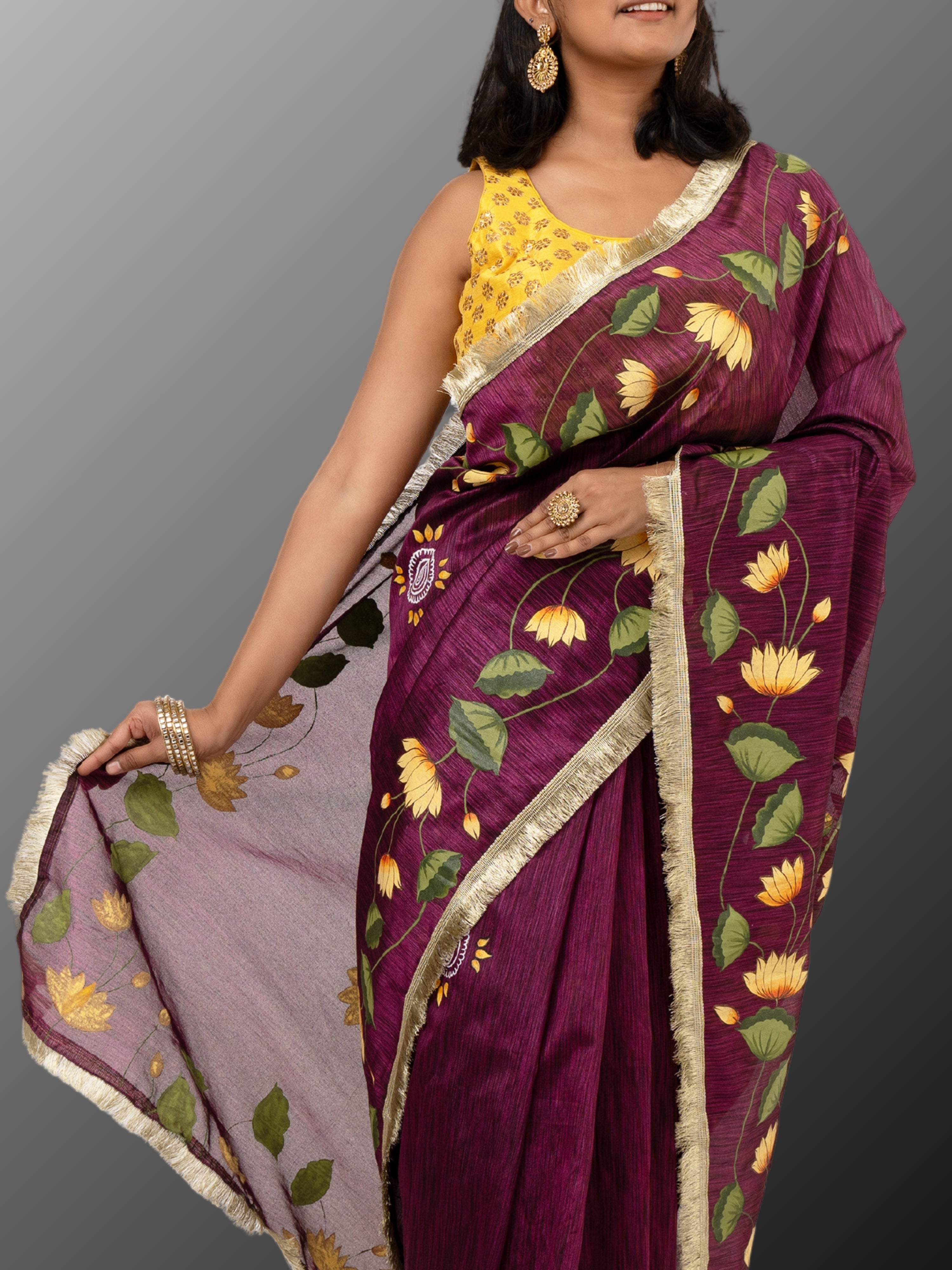 Pichwai handpainted raw silk saree - Purple