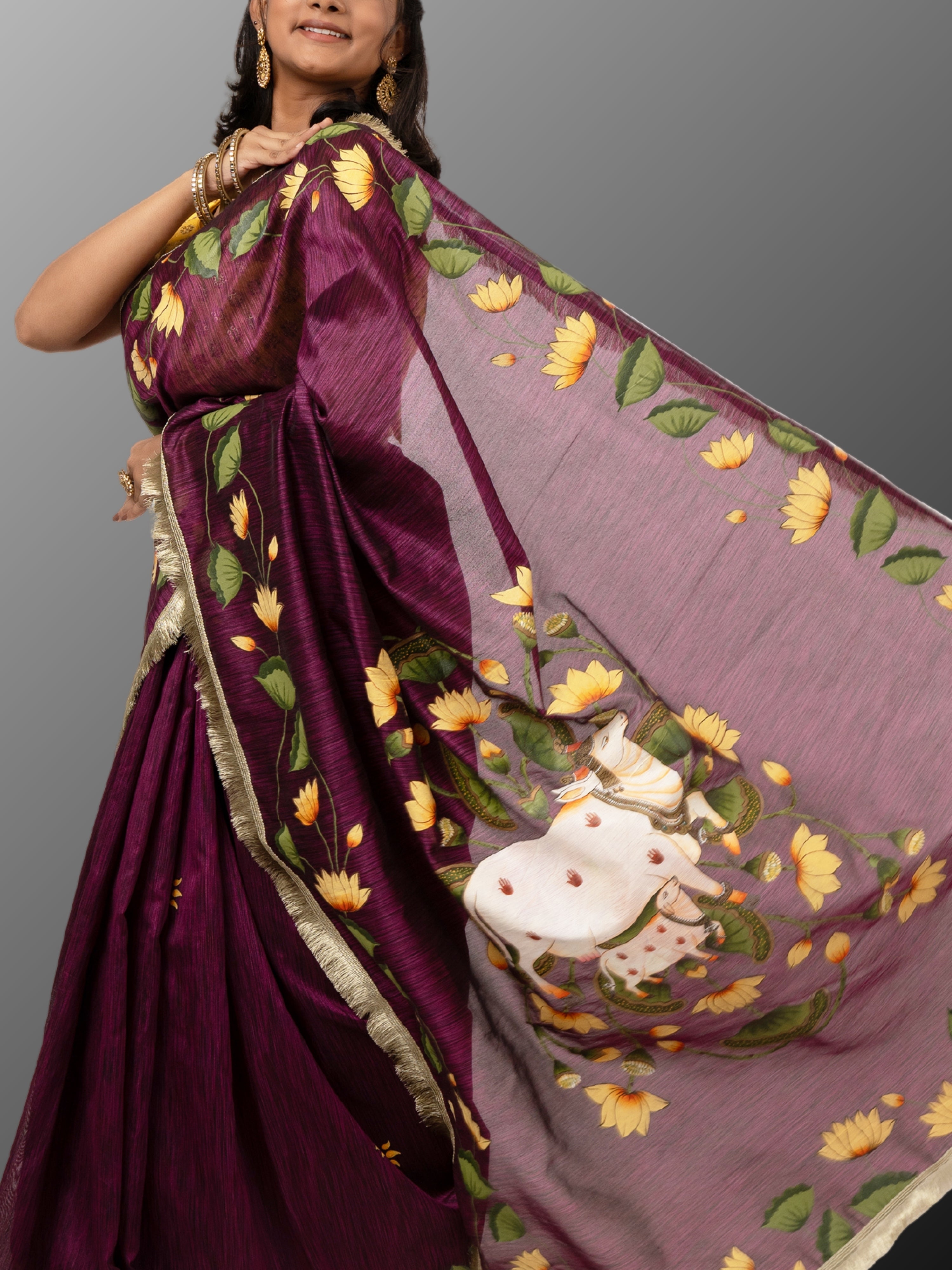 Pichwai handpainted raw silk saree - Purple