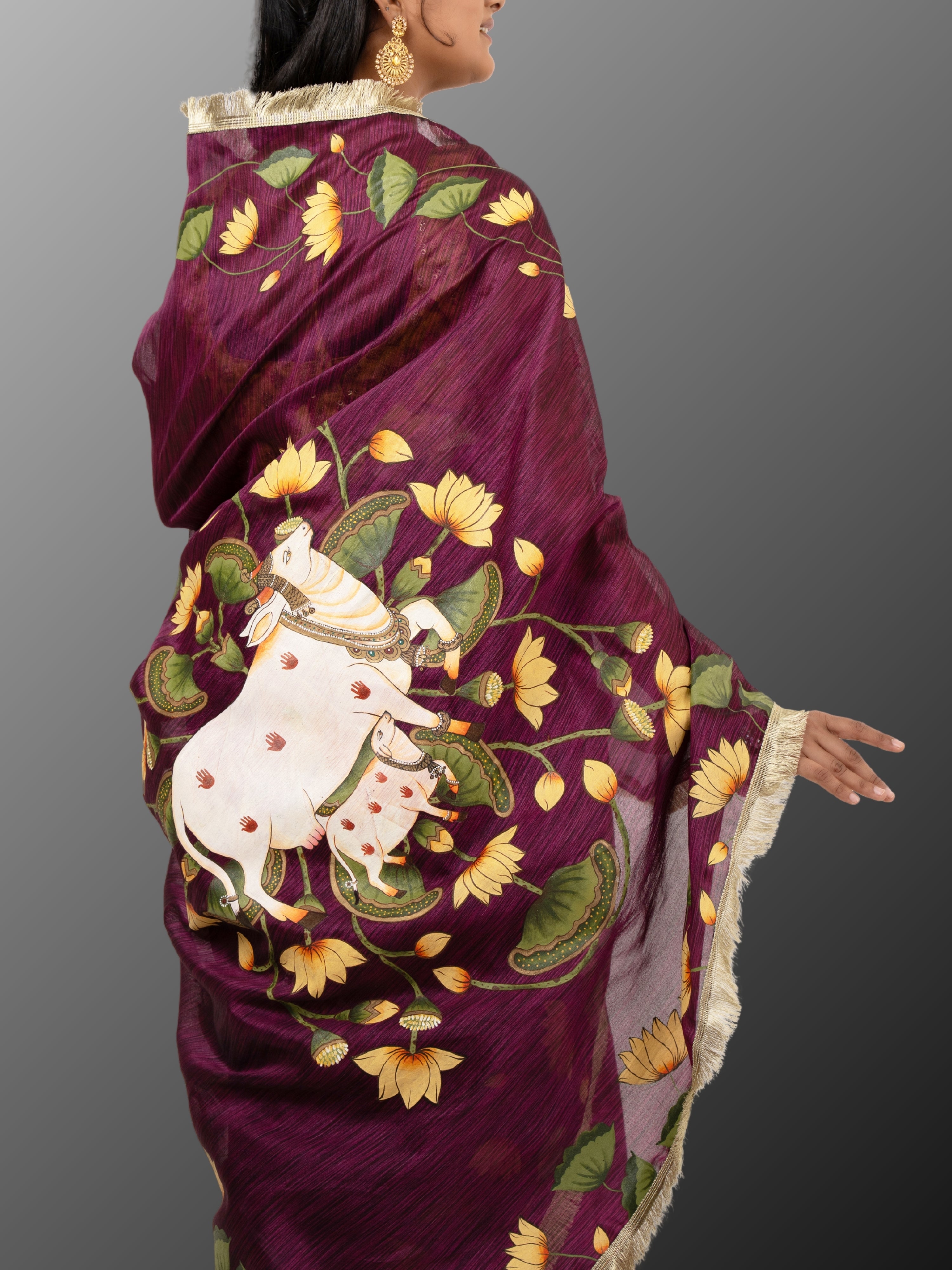 Pichwai handpainted raw silk saree - Purple