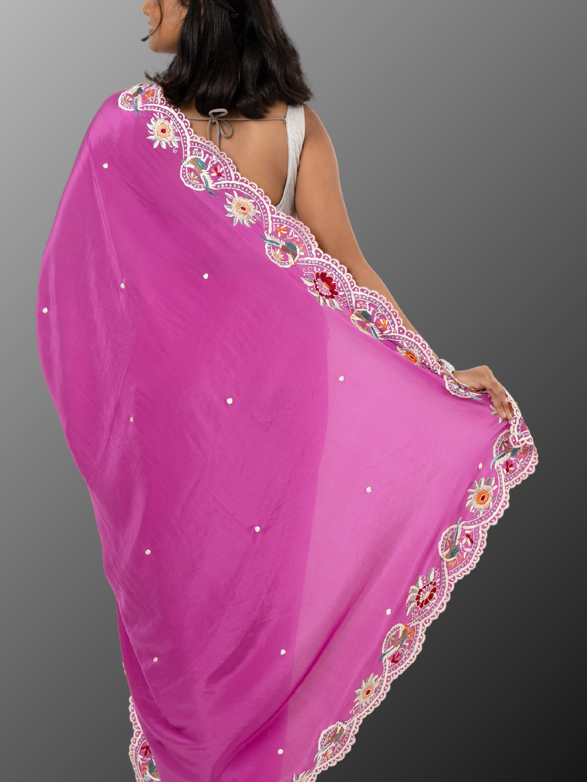 Hand Parsi Gara Embroidery on pure crepe silk - Pink Purple