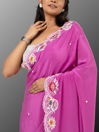 Hand Parsi Gara Embroidery on pure crepe silk - Pink Purple