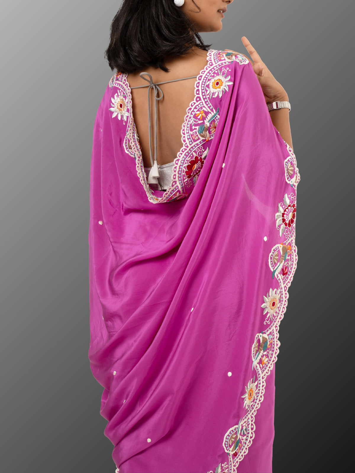 Hand Parsi Gara Embroidery on pure crepe silk - Pink Purple