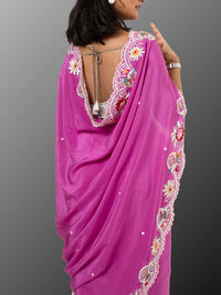 Hand Parsi Gara Embroidery on pure crepe silk - Pink Purple