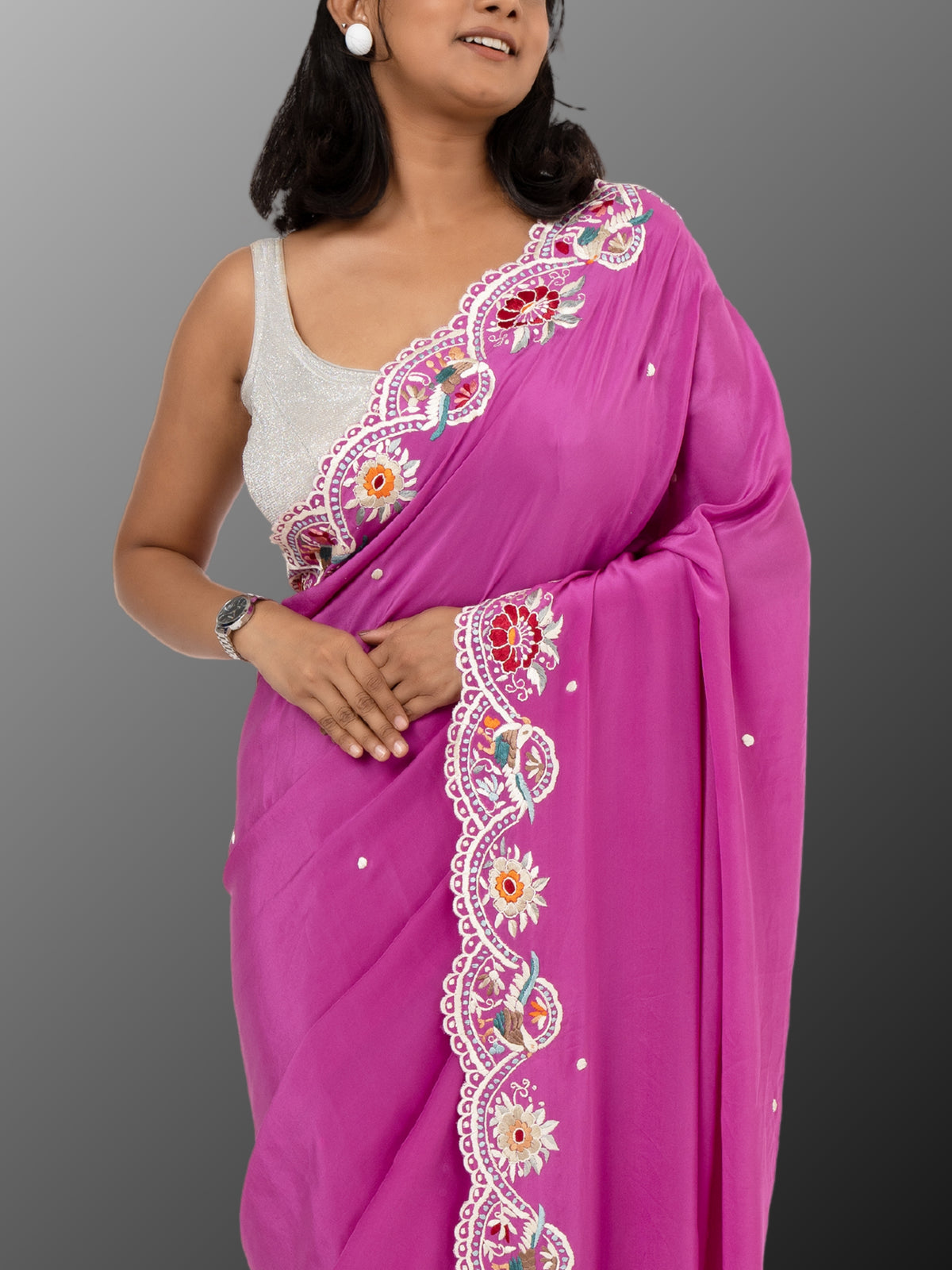 Hand Parsi Gara Embroidery on pure crepe silk - Pink Purple