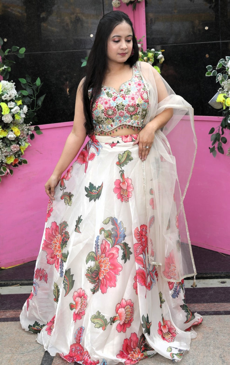 White Color Floral Printed lehenga with embroidered choli and dupatta