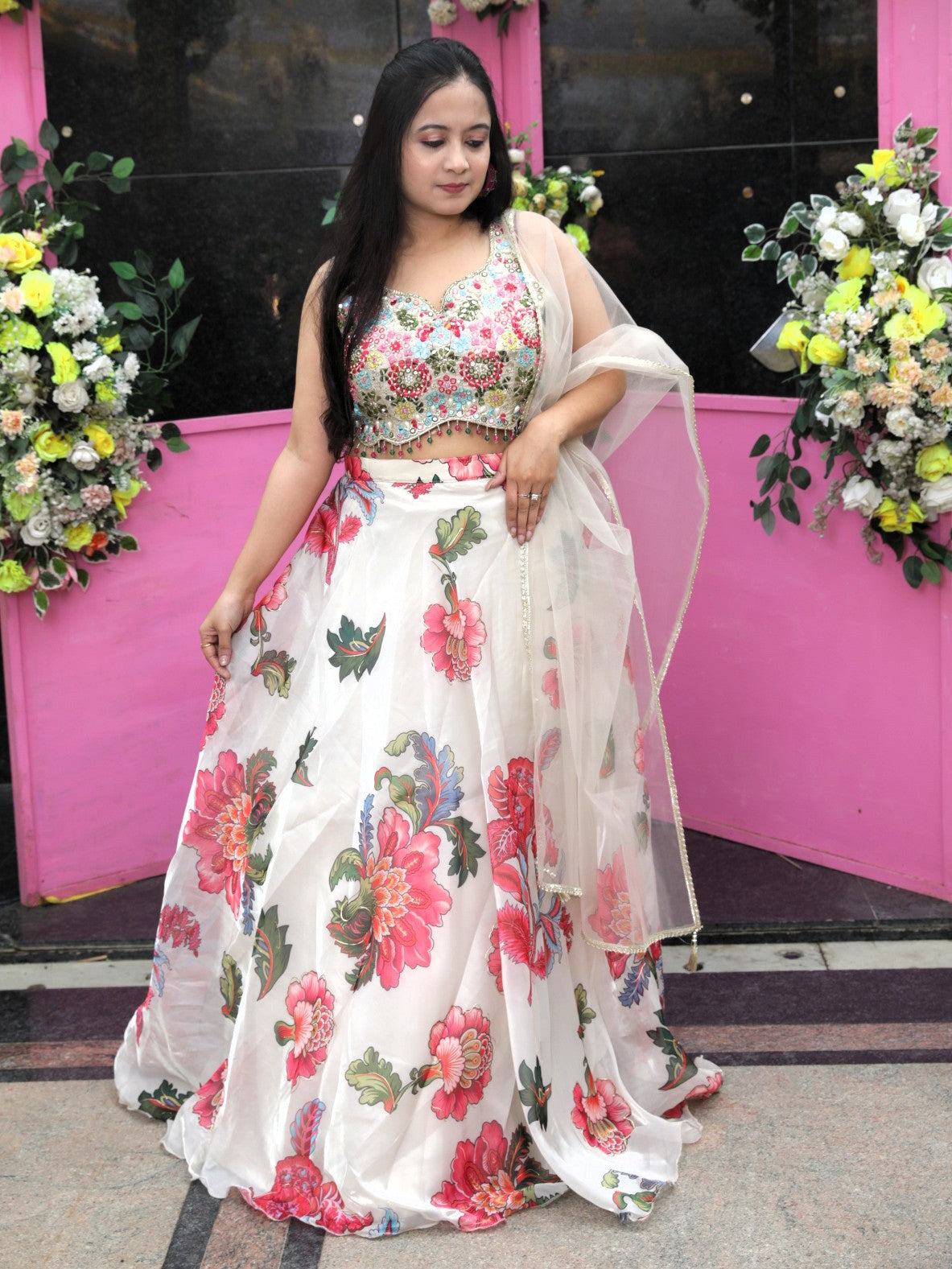 White Color Floral Printed lehenga with embroidered choli and dupatta