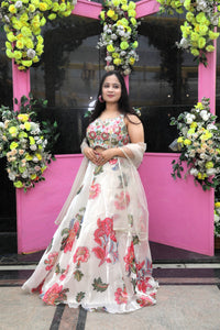 White Color Floral Printed lehenga with embroidered choli and dupatta