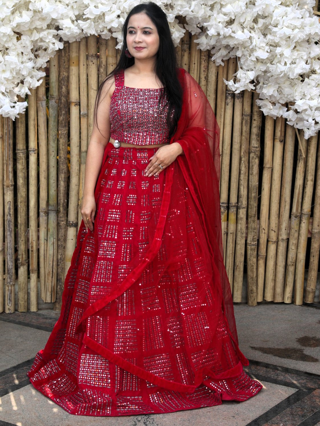 Lehenga with foil mirror and sequin work - Red