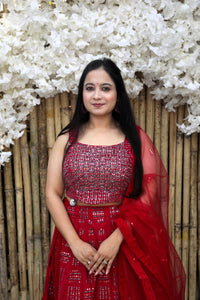 Lehenga with foil mirror and sequin work - Red