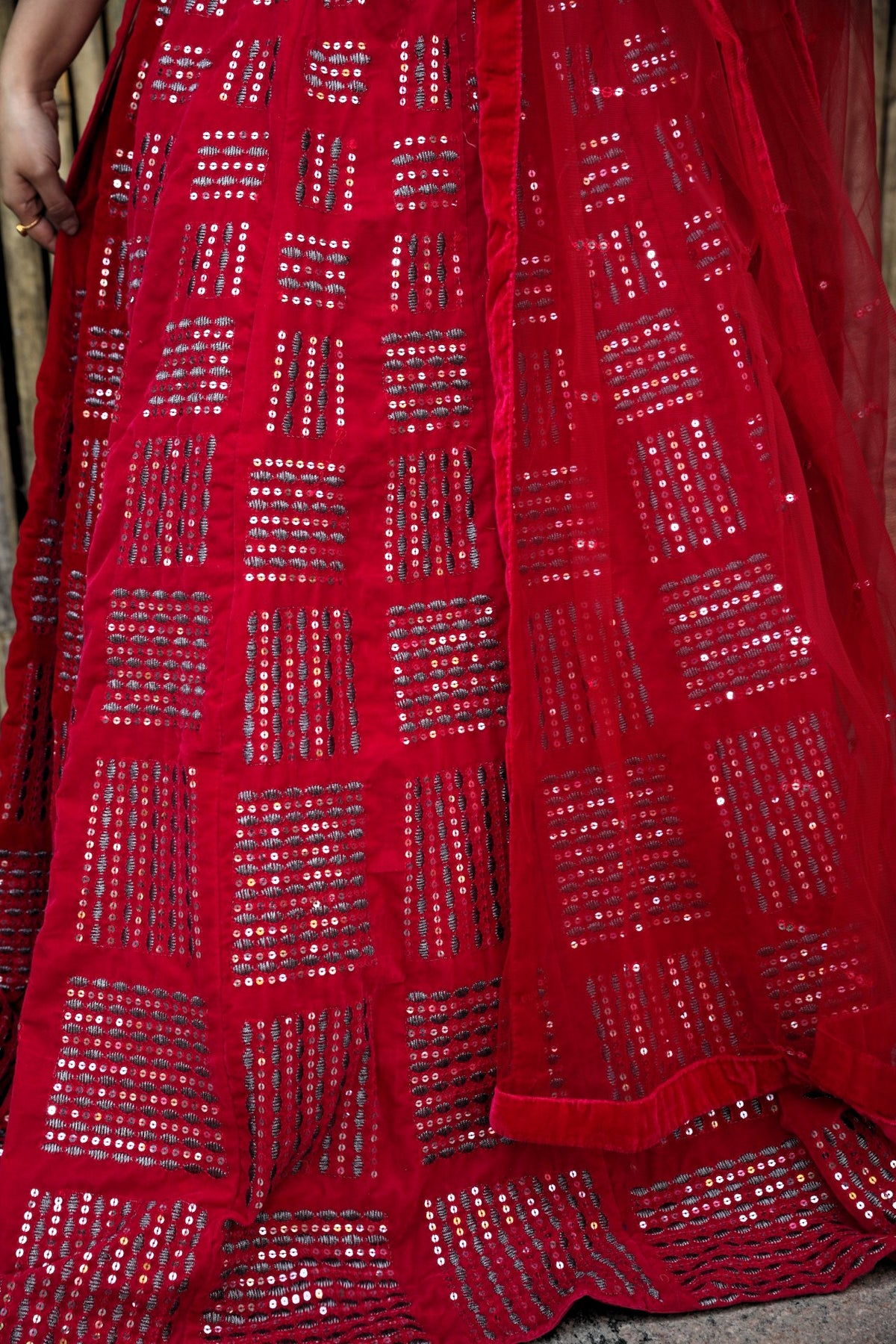 Lehenga with foil mirror and sequin work - Red