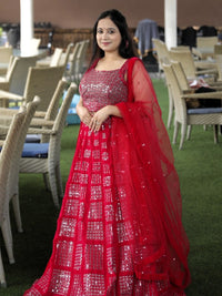 Lehenga with foil mirror and sequin work - Red