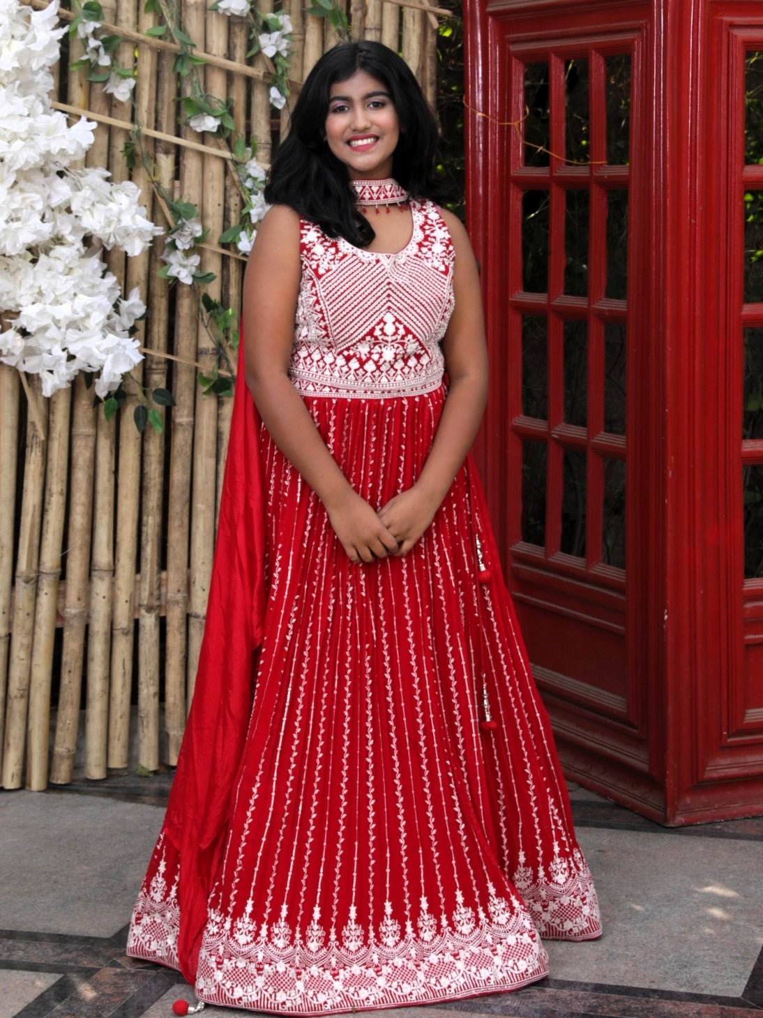 Lehenga with embroidery and sequin work - Red Color