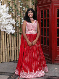 Lehenga with embroidery and sequin work - Red Color