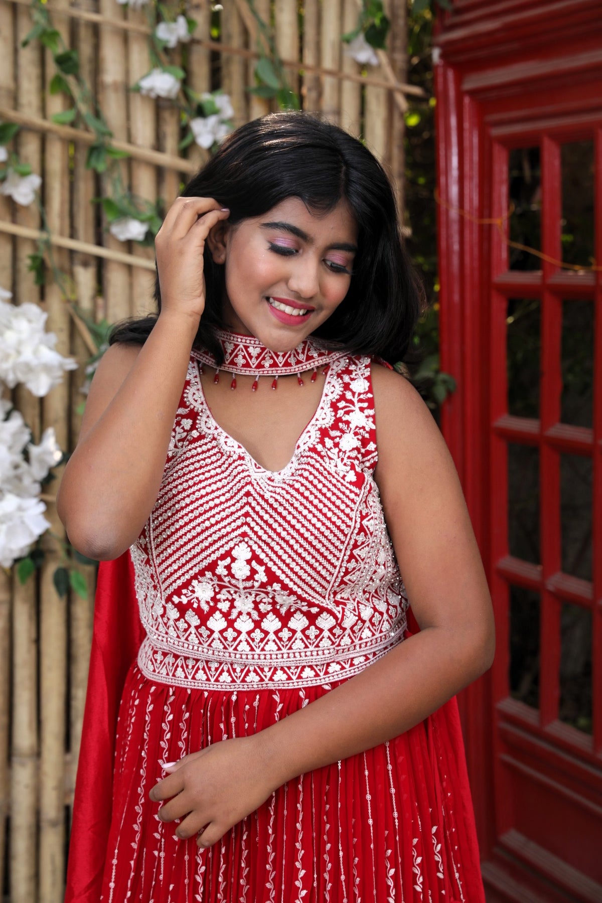 Lehenga with embroidery and sequin work - Red Color