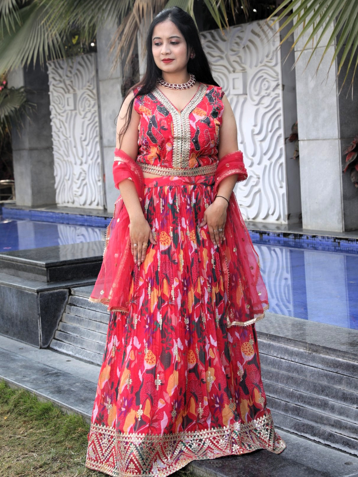 Floral Printed lehenga with gotapatti work - Red Color