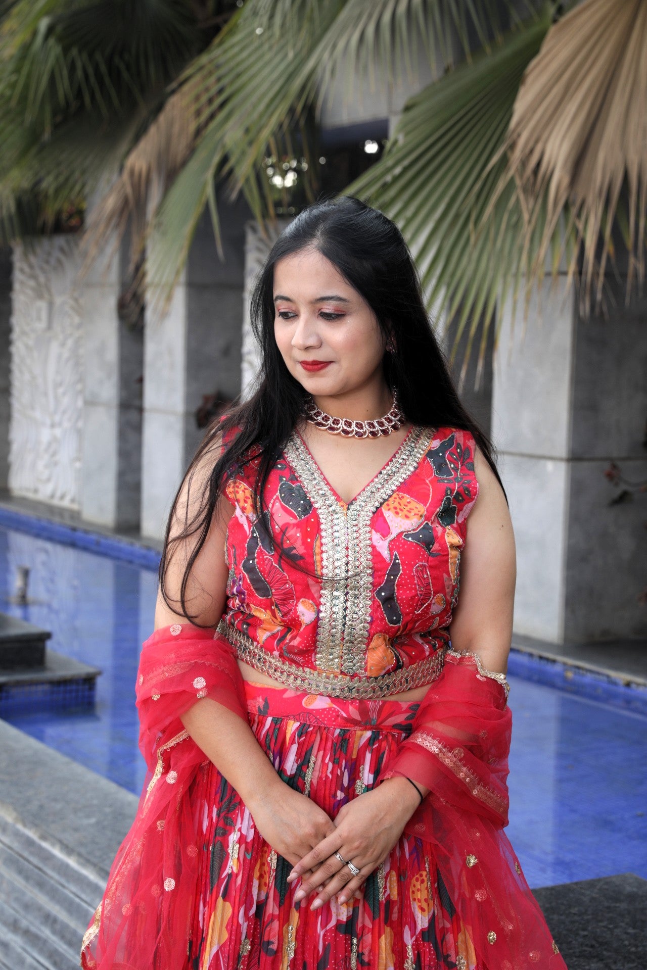 Floral Printed lehenga with gotapatti work - Red Color