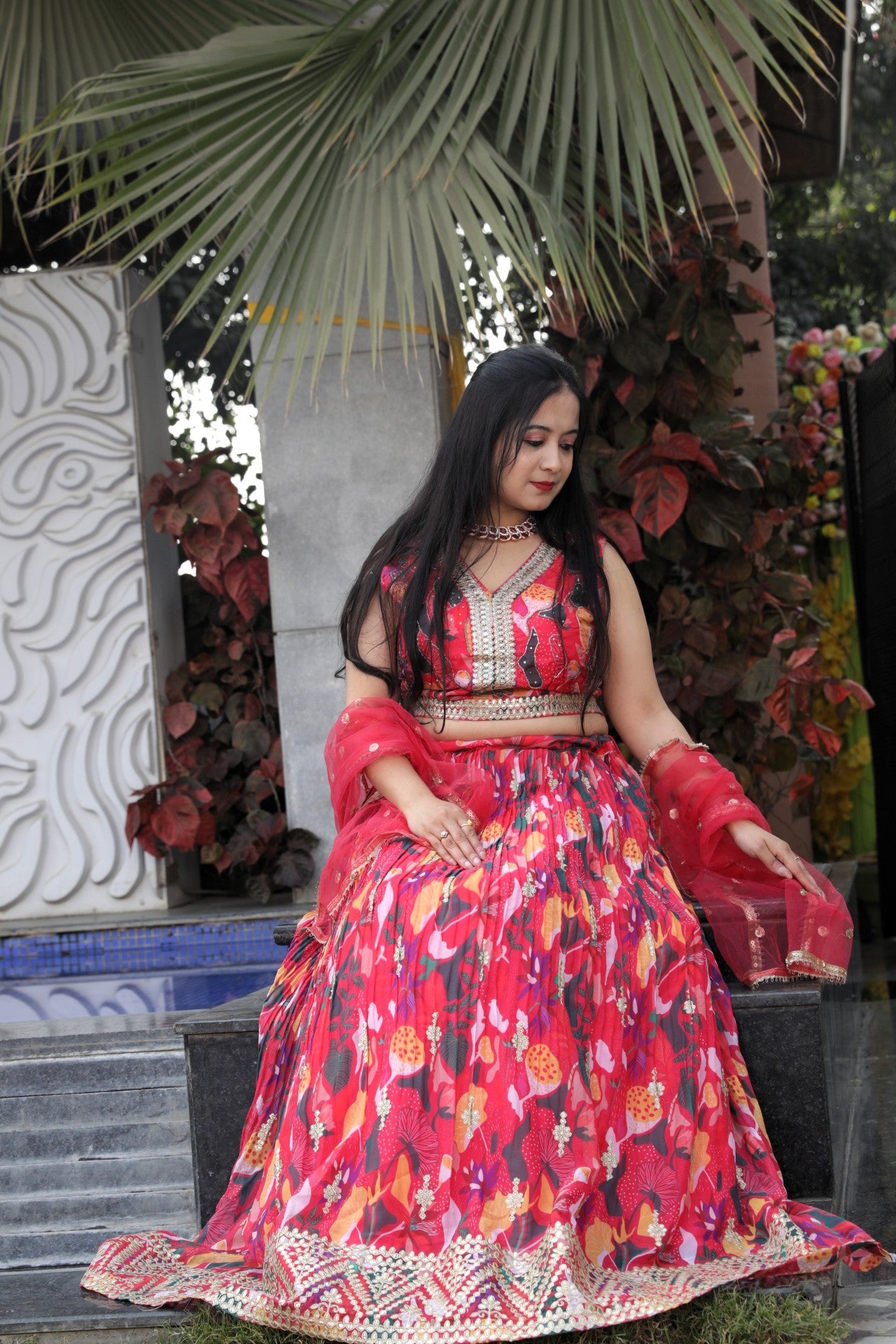 Floral Printed lehenga with gotapatti work - Red Color