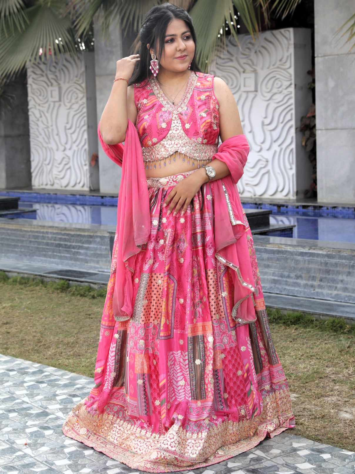 Floral Printed lehenga with gotapatti work - Pink Color