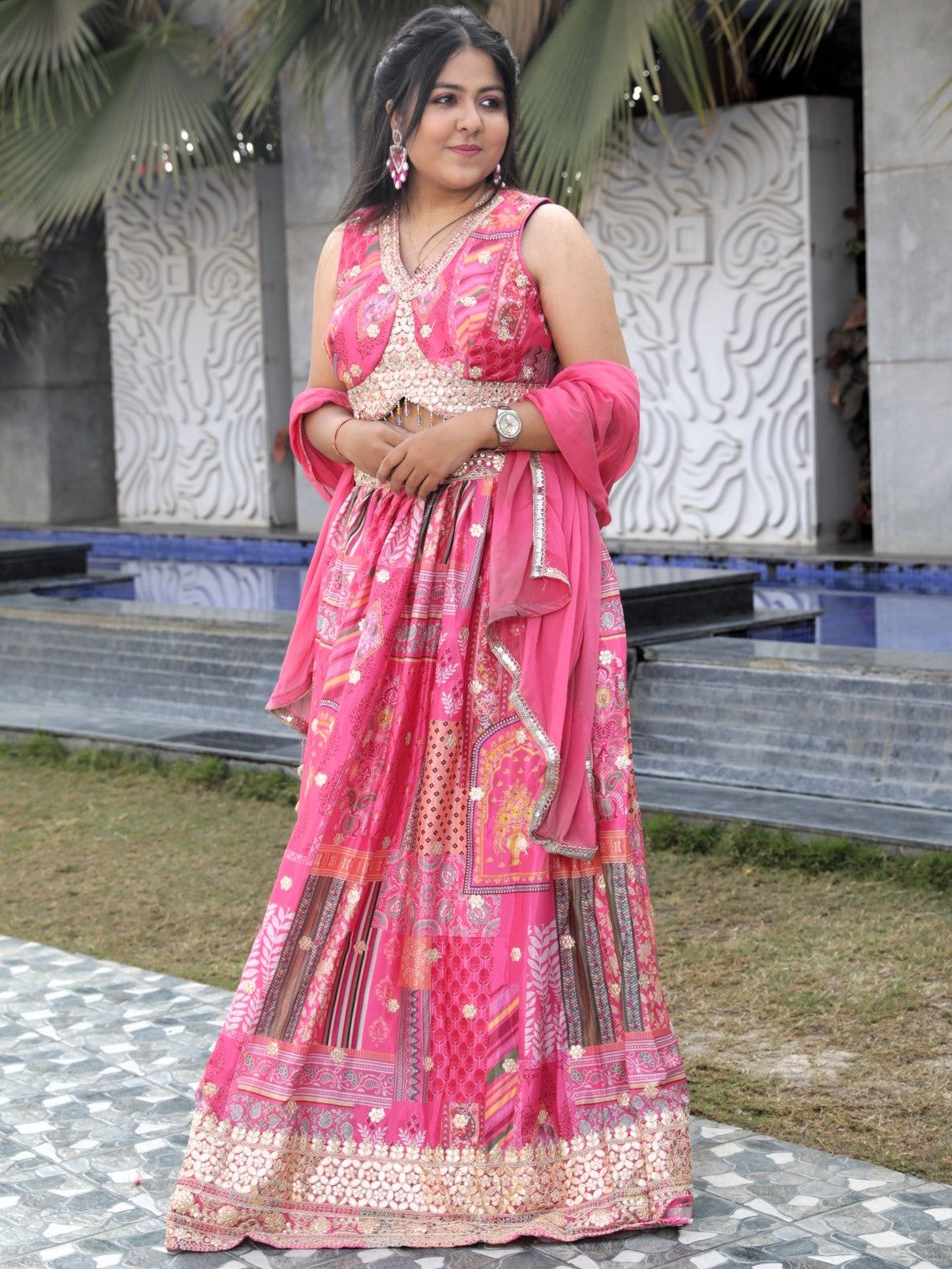 Floral Printed lehenga with gotapatti work - Pink Color