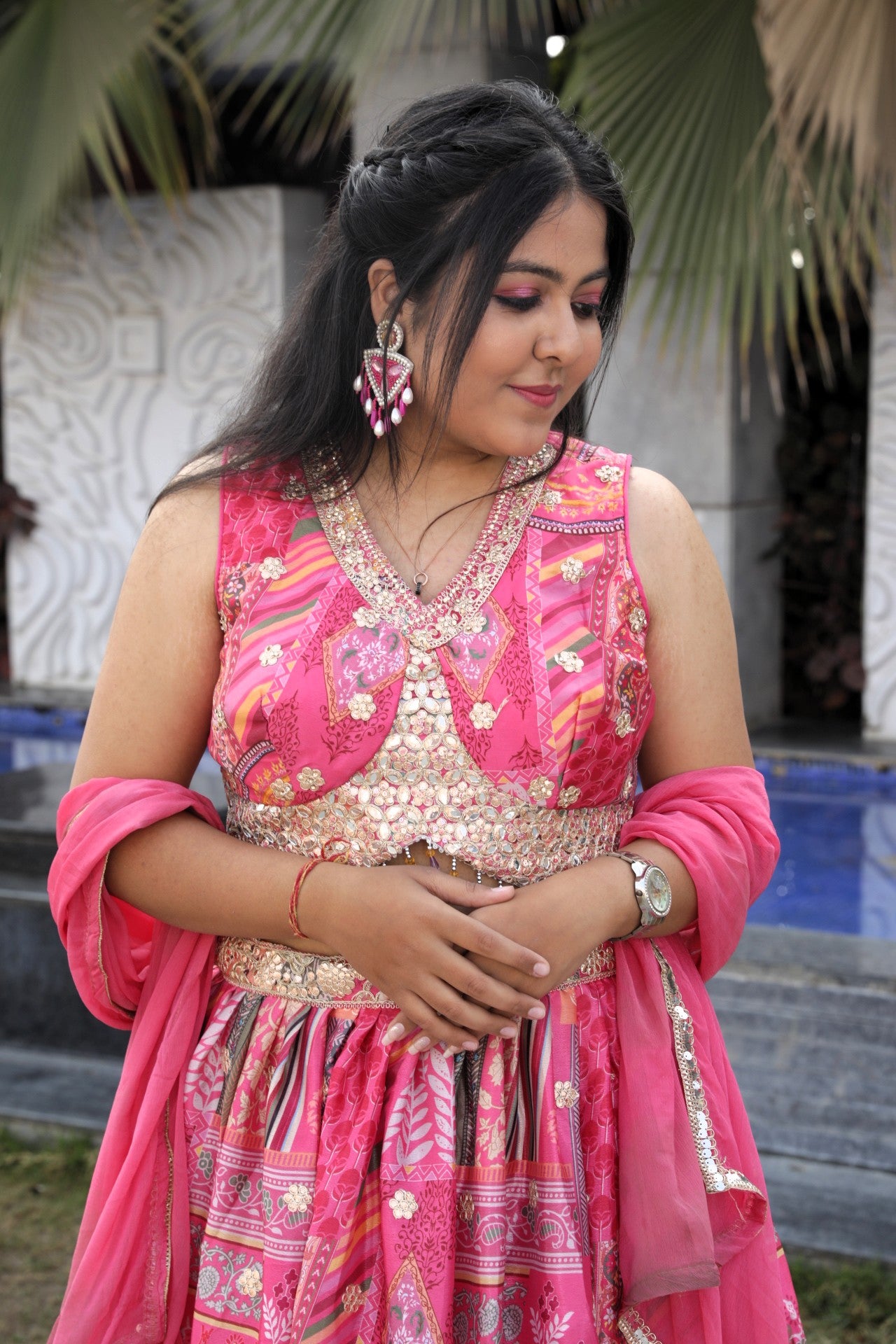 Floral Printed lehenga with gotapatti work - Pink Color