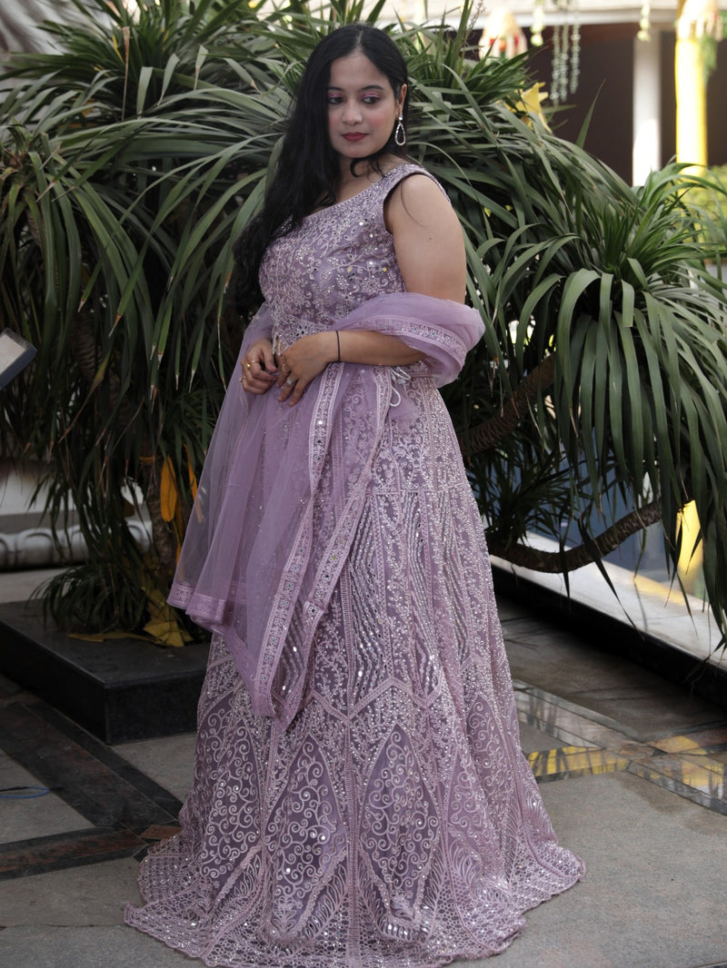 Lehenga with all over sequin and stone work - Purple