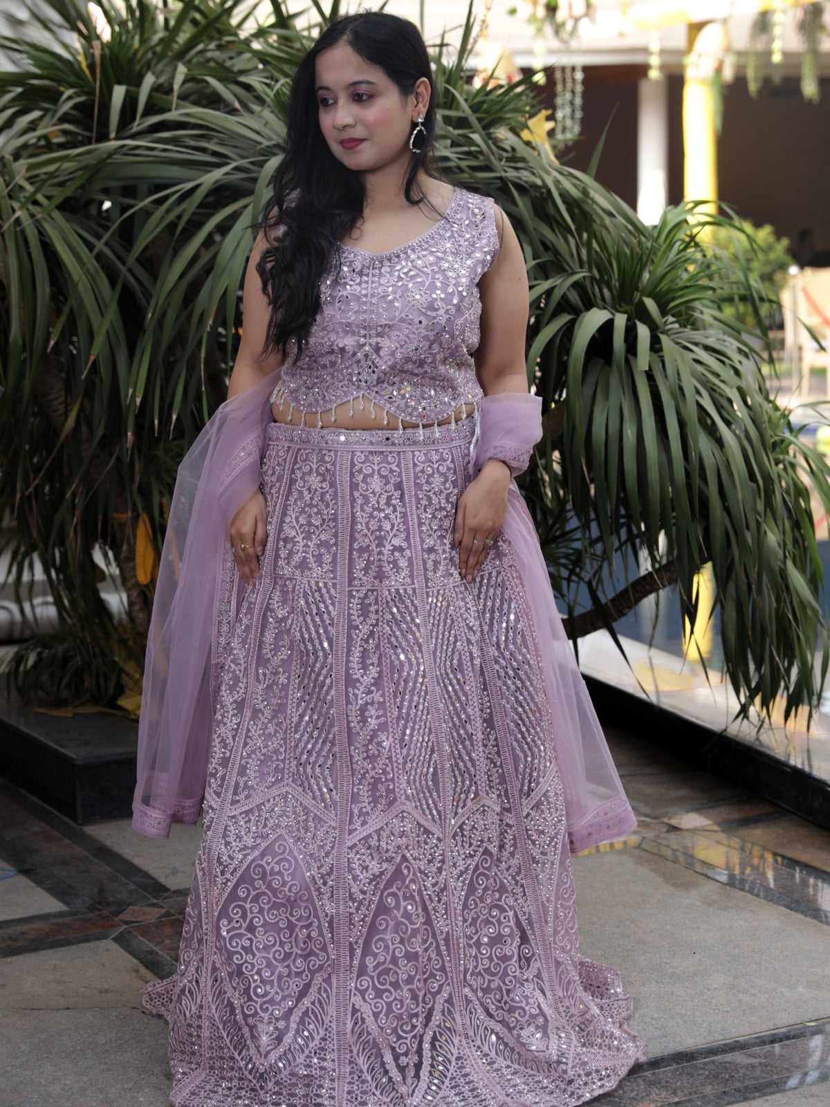 Lehenga with all over sequin and stone work - Purple