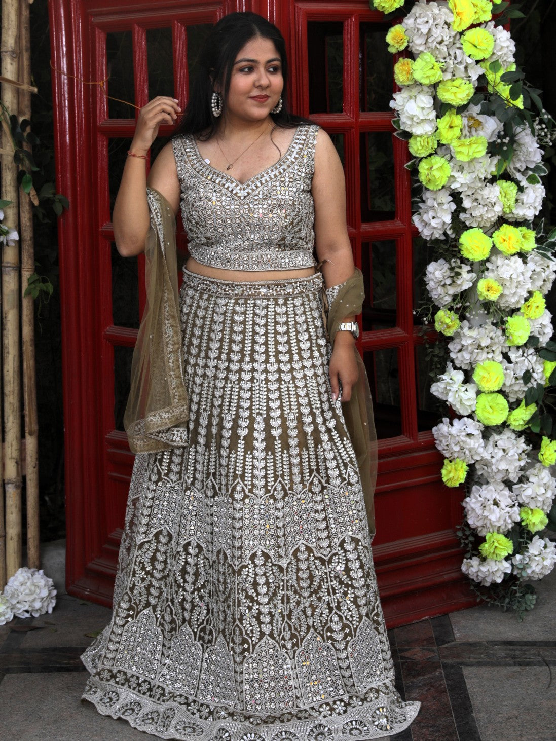 Lehenga with all over sequin and stone work - Mehendi Green