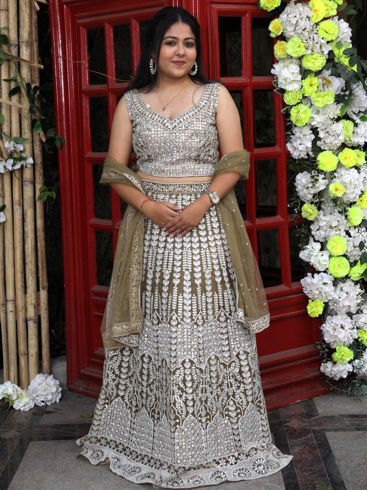 Lehenga with all over sequin and stone work - Mehendi Green