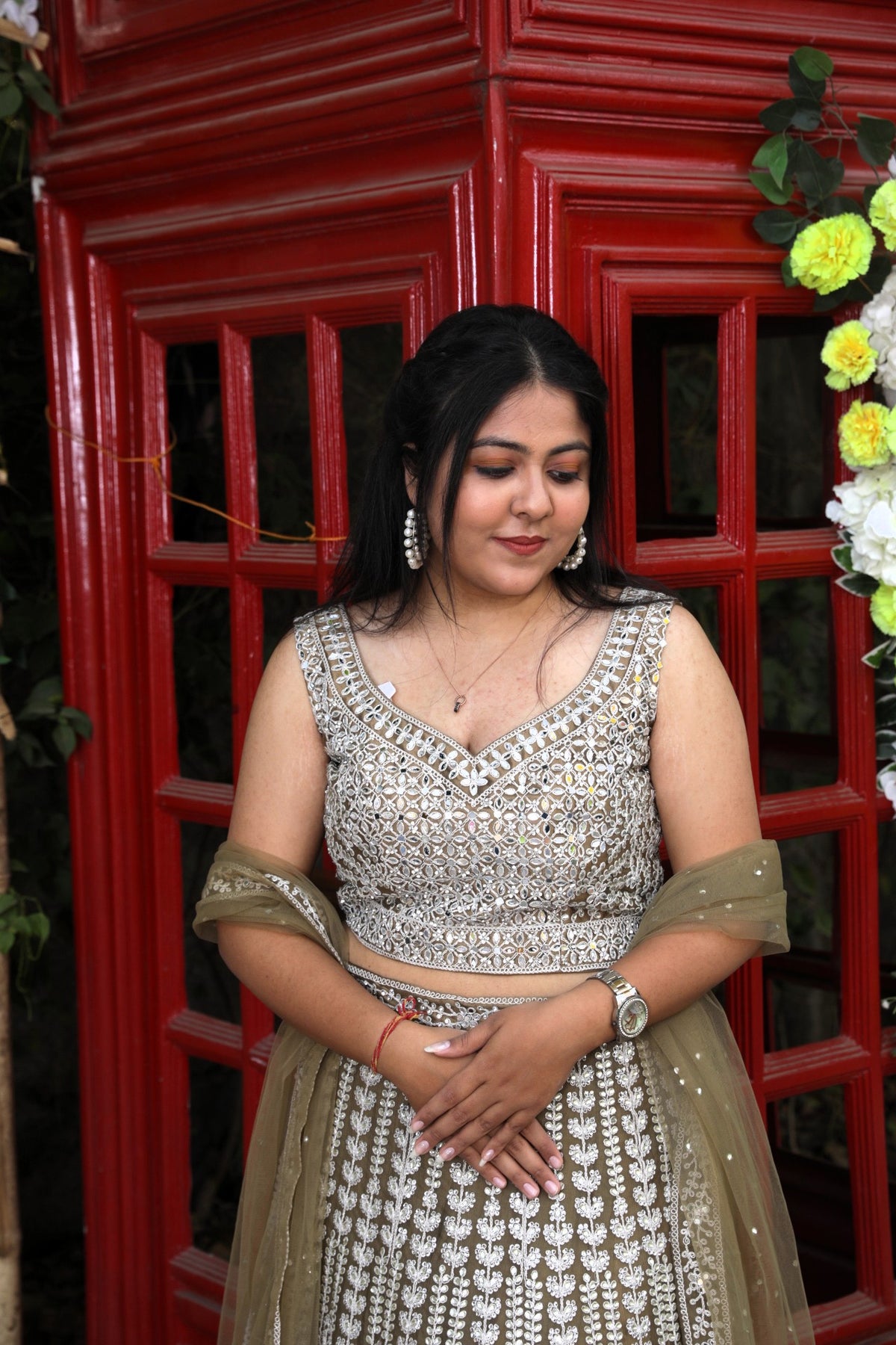 Lehenga with all over sequin and stone work - Mehendi Green