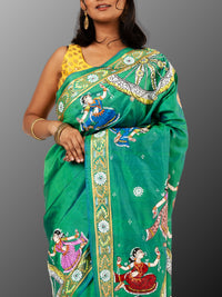 Pattachitra Pure silk handpainted saree - Bottle Green