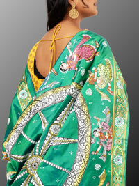 Pattachitra Pure silk handpainted saree - Bottle Green