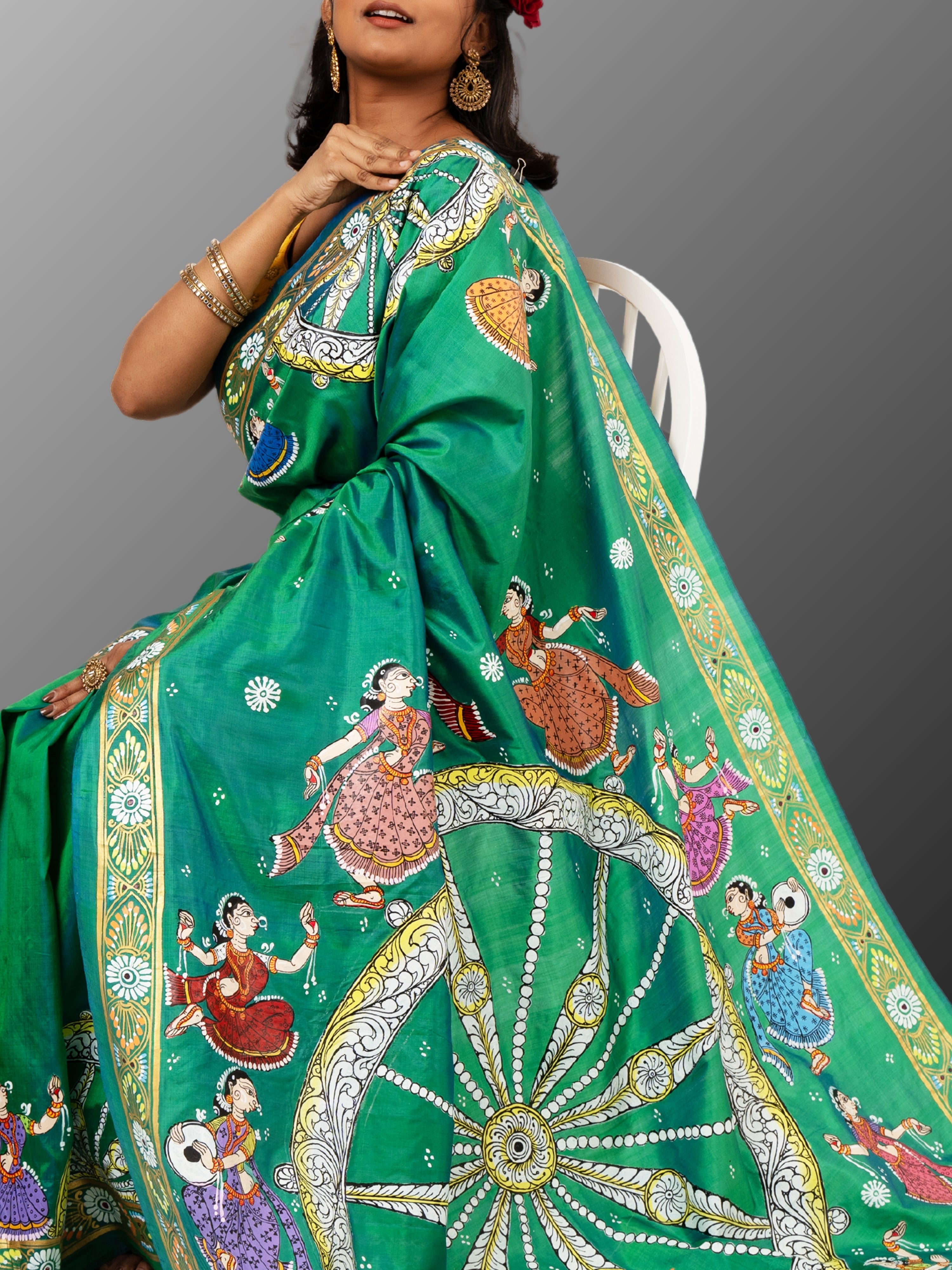 Pattachitra Pure silk handpainted saree - Bottle Green