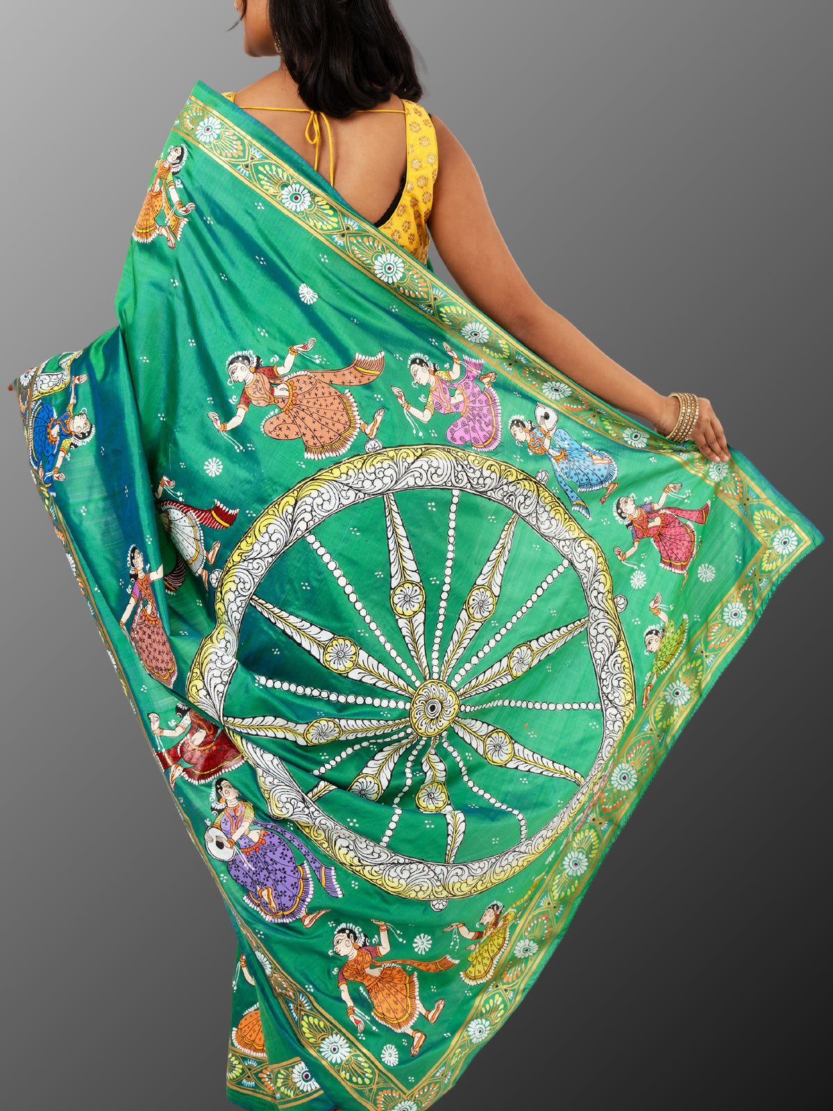 Pattachitra Pure silk handpainted saree - Bottle Green