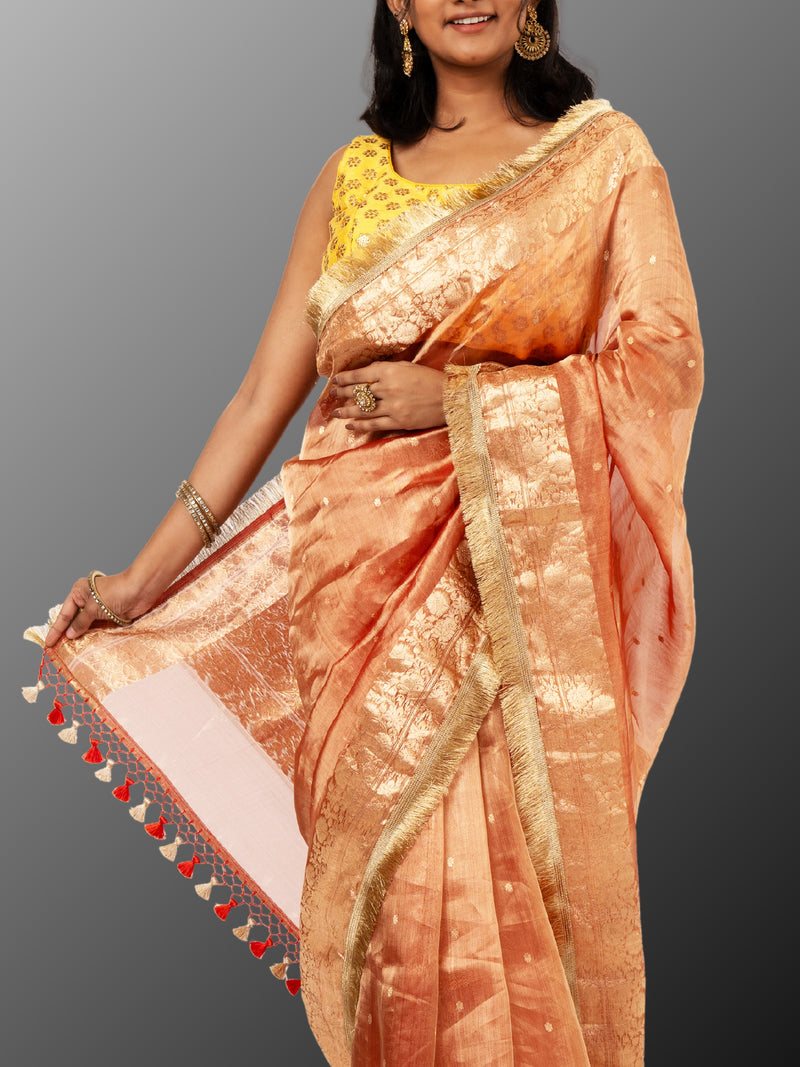 Banarasi Tissue silk mark certified saree with lace - Orange