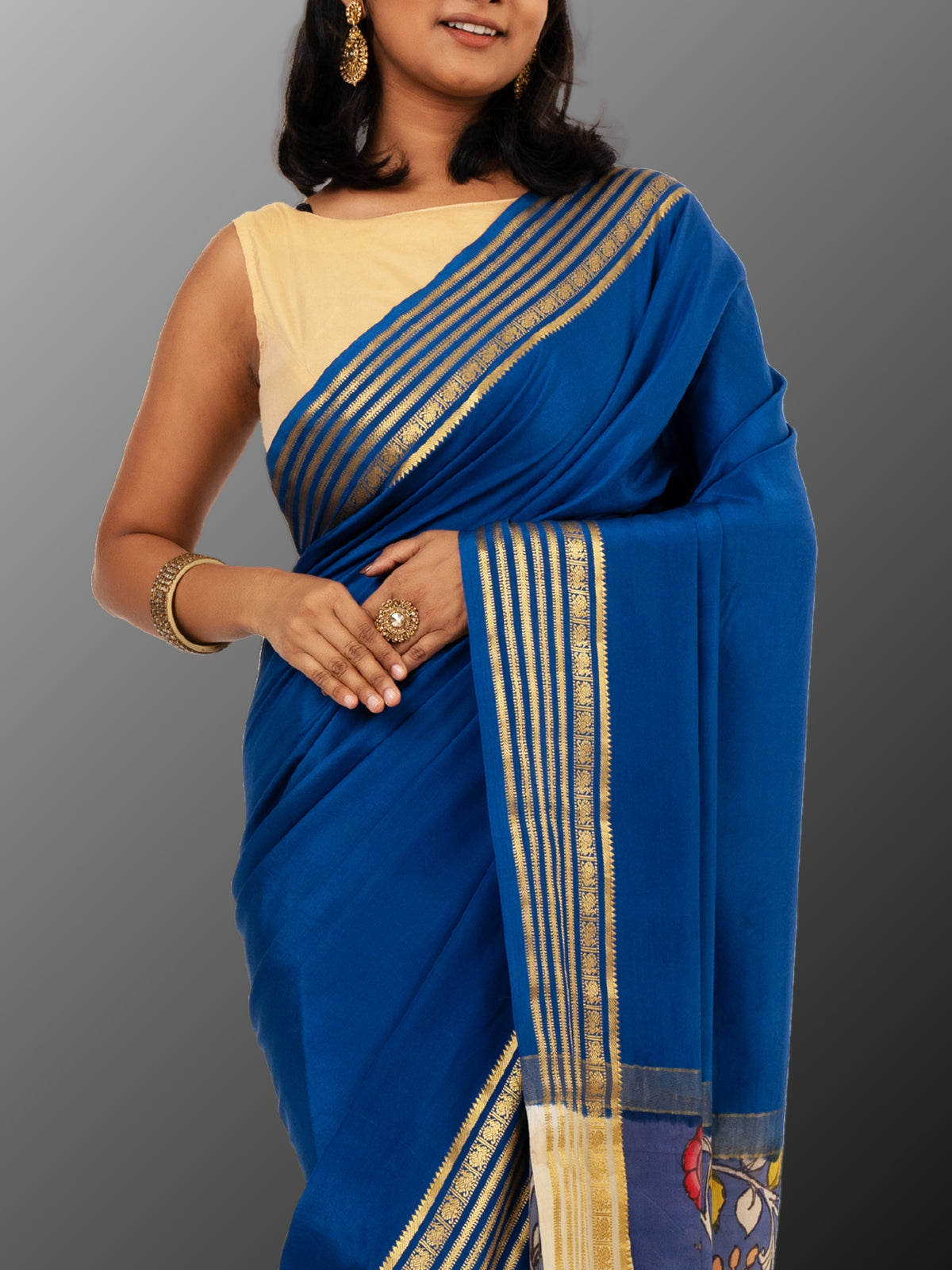 Mysore silk saree with handpainted kalamkari pallu -Blue