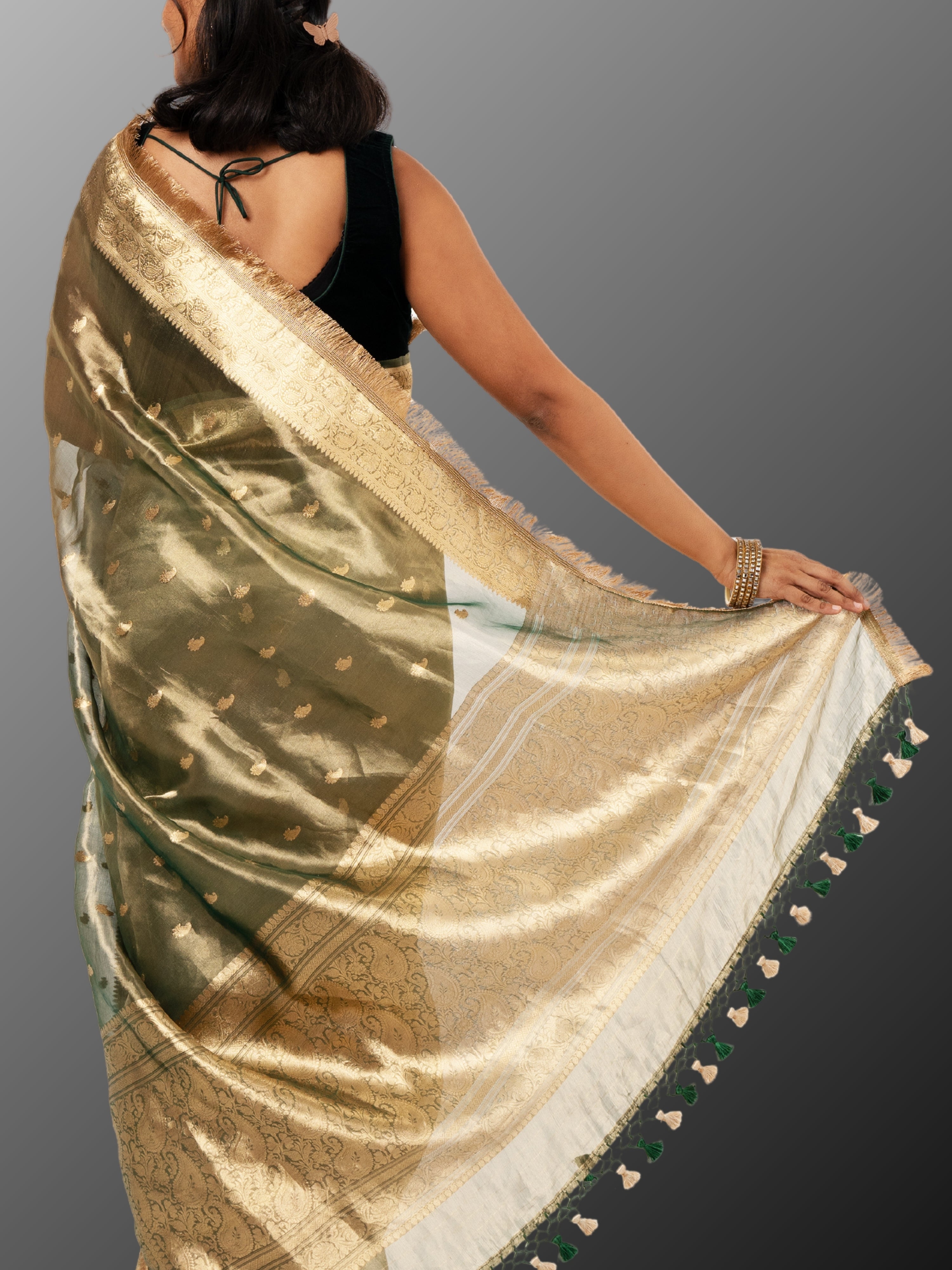 Banarasi Tissue silk mark certified saree with lace - Light green gold