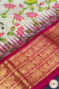 Ikkat Pure silk handloom saree with kalamkari - Off White and Pink