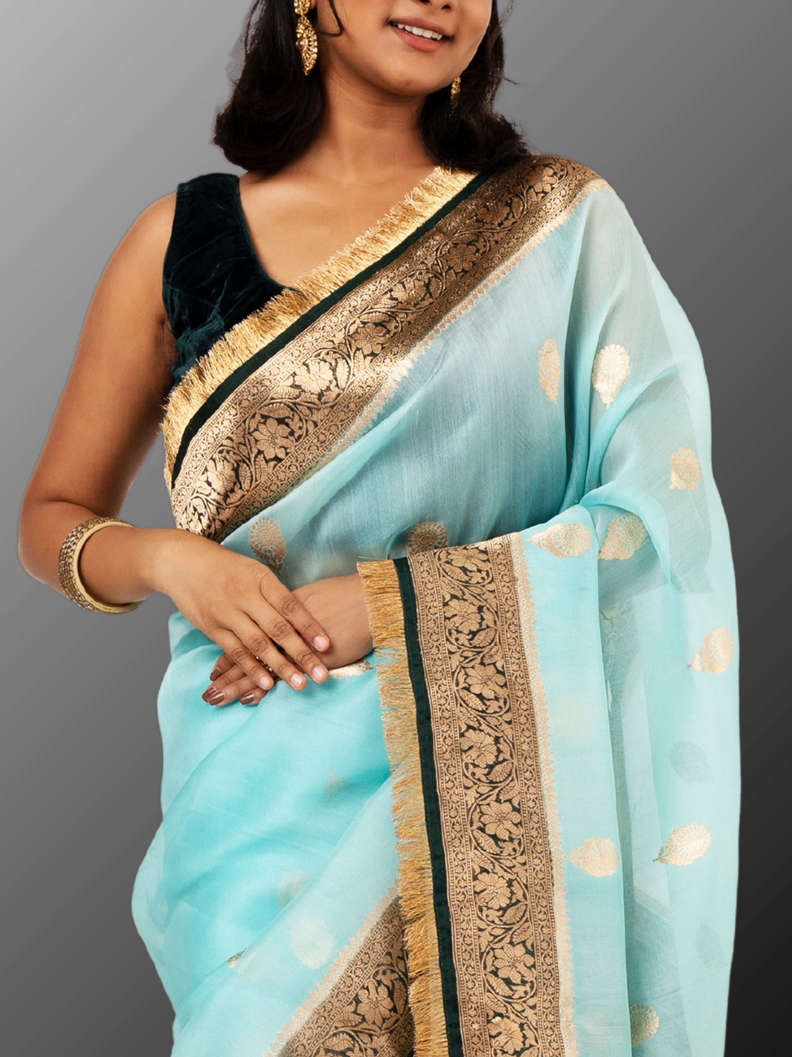 Banarasi Kora Organza silk mark certified saree with lace - Light Blue