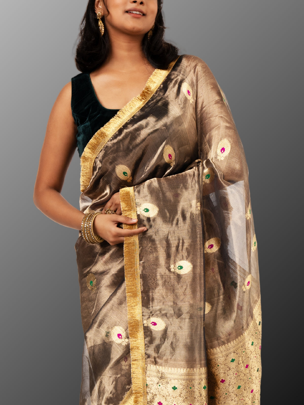 Banarasi Tissue silk mark certified saree with lace - Bottle green copper