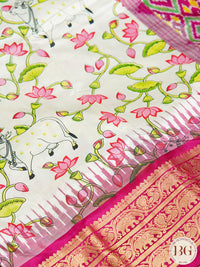 Ikkat Pure silk handloom saree with kalamkari - Off White and Pink