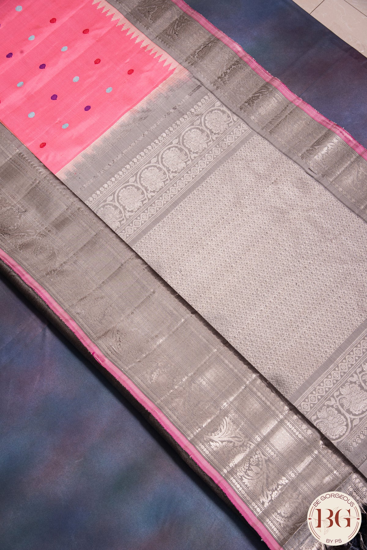 Kuttu Gadwal Pure silk handloom saree with silver zari - pink with steel grey