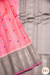 Kuttu Gadwal Pure silk handloom saree with silver zari - pink with steel grey