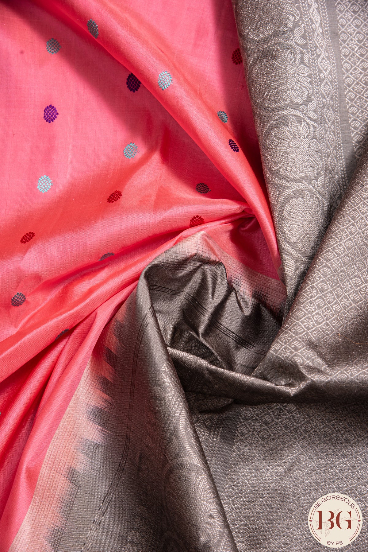 Kuttu Gadwal Pure silk handloom saree with silver zari - pink with steel grey