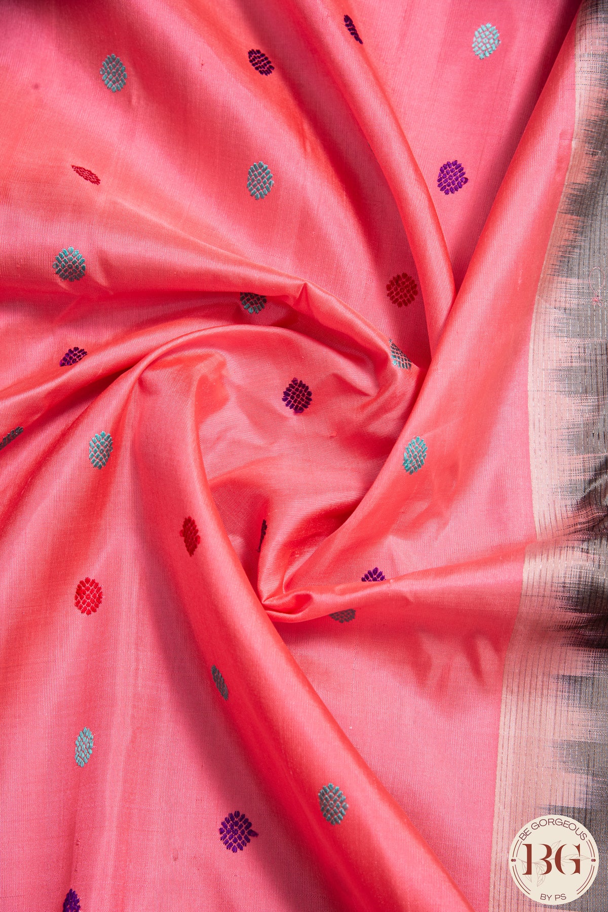 Kuttu Gadwal Pure silk handloom saree with silver zari - pink with steel grey