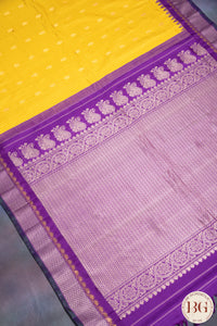 Kuttu Gadwal Pure silk handloom saree - yellow with purple