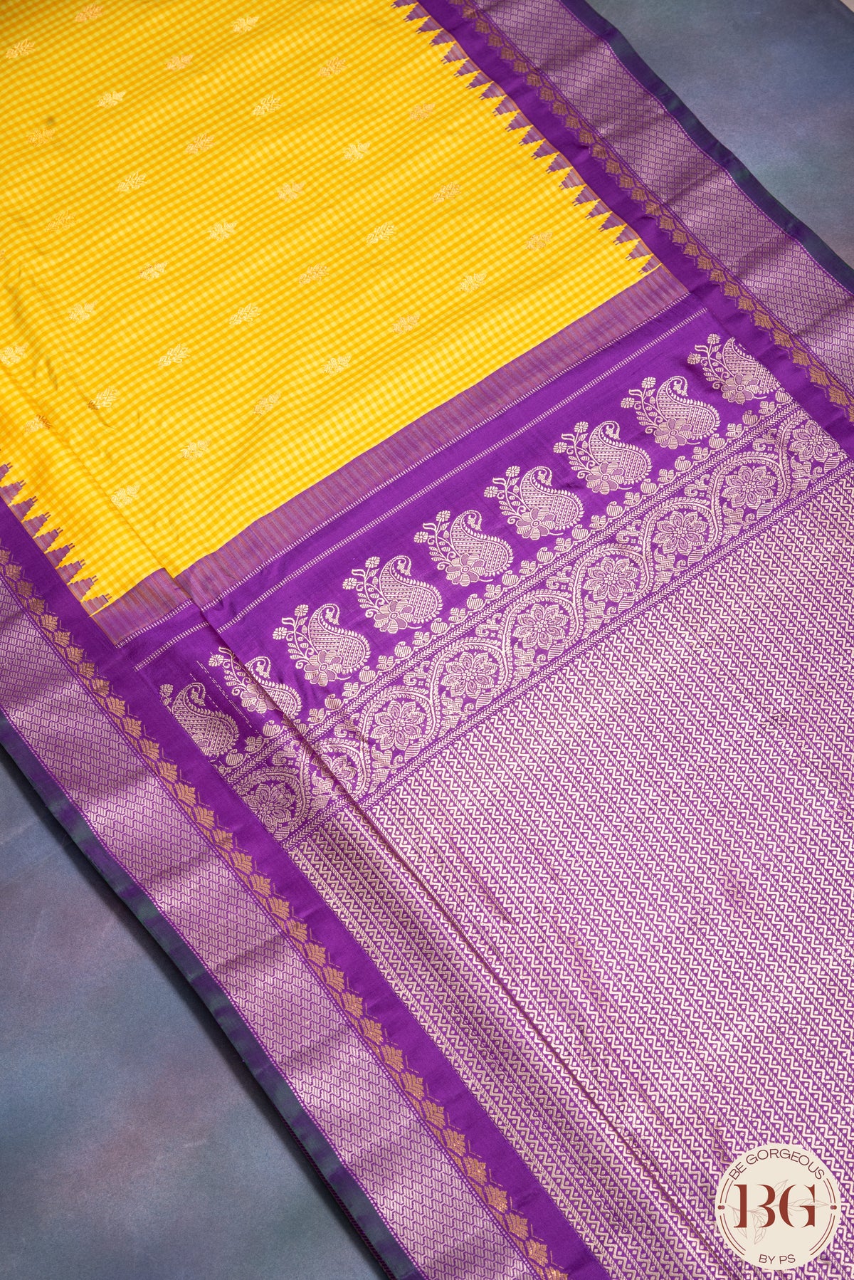 Kuttu Gadwal Pure silk handloom saree - yellow with purple