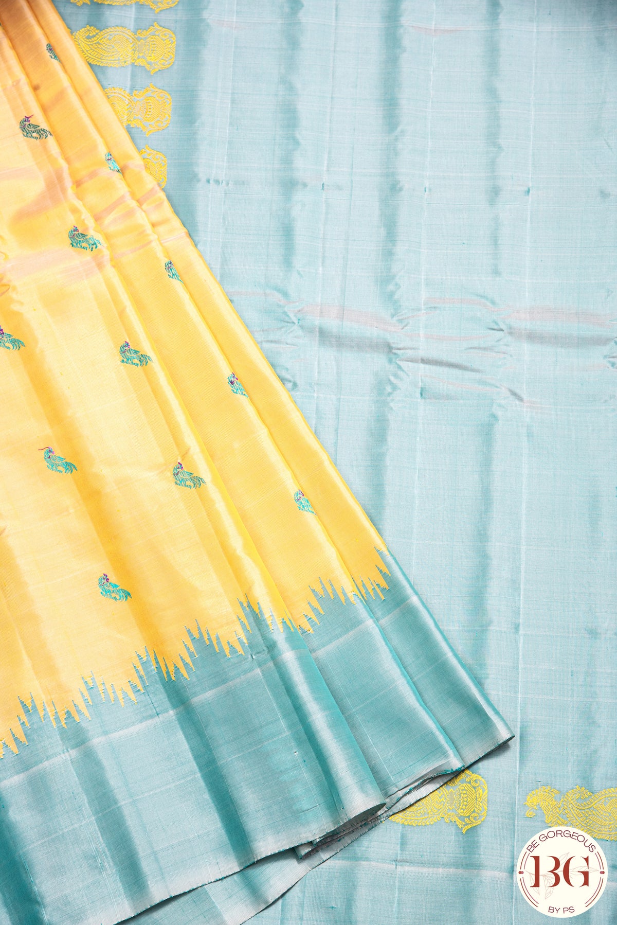 No Zari Kuttu Gadwal Pure handloom silk saree - mustard yellow with pastel blue